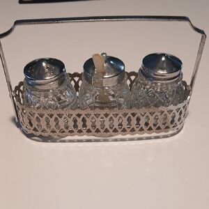 Vintage Silver and Clear Glass Condiment Set